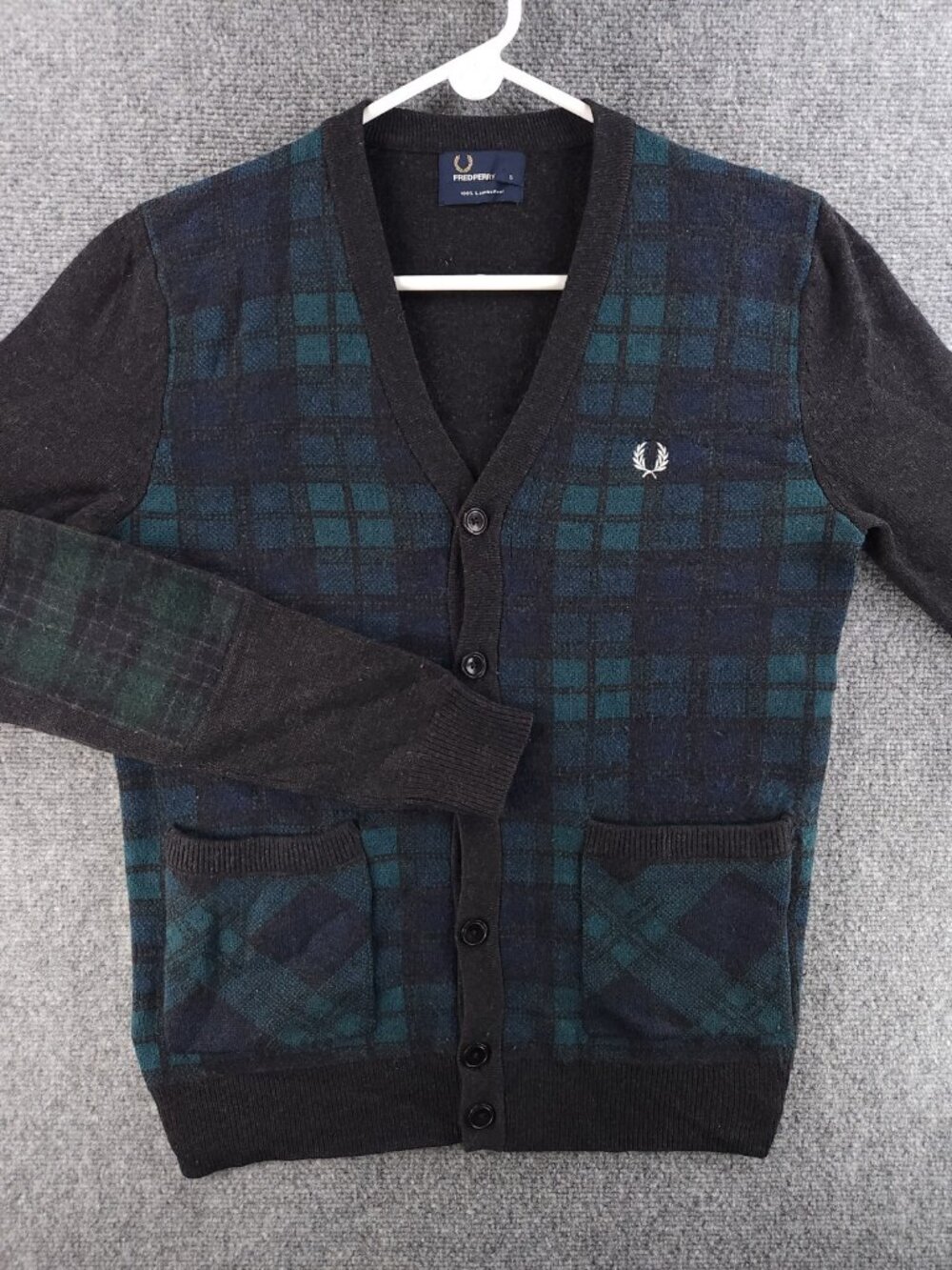 Fred Perry Men Knit Sweater Small Cardigan Lambswool Wool Green Plaid Preppy